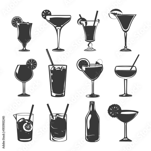 Set of Different Black and White Cocktail Glasses with Garnish