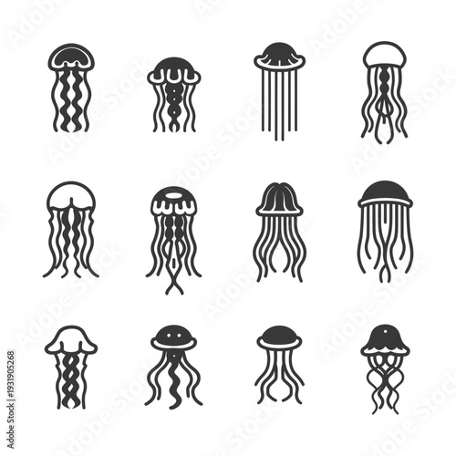 Set of Different Styles of Jellyfish Line Icons