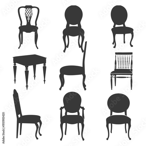 Set of Eight Black and White Silhouettes of Chairs and a Table