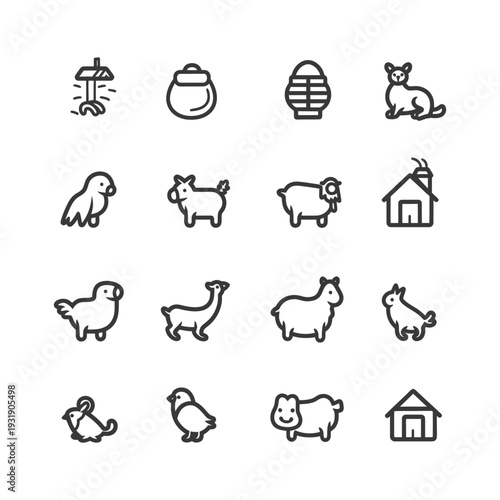 Set of Farm Animal and Building Icons