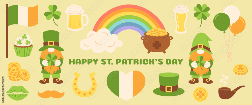 Naklejka premium Happy StPatrick day set illustration with Irish symbols, leprechaun, rainbow, gold, beer, flag. Festive holiday greeting design for card, celebration, party, print. Flat vector. Hand drawn. Isolated.