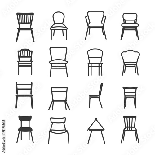 Set of Fourteen Different Chair Designs, Black Outline on White Background