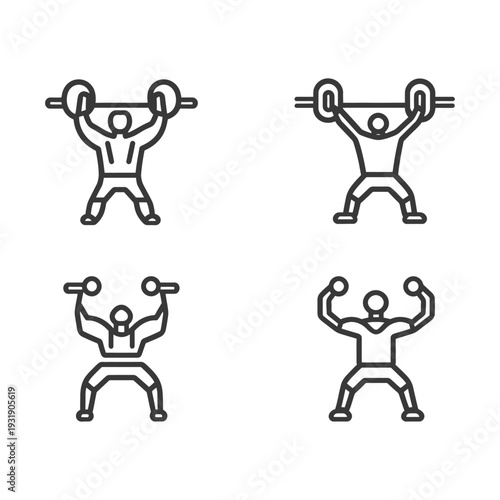 Set of Four Line Art Illustrations Depicting Weightlifting Exercises