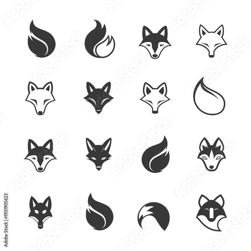 Set of Fox Head and Tail Icons for Design