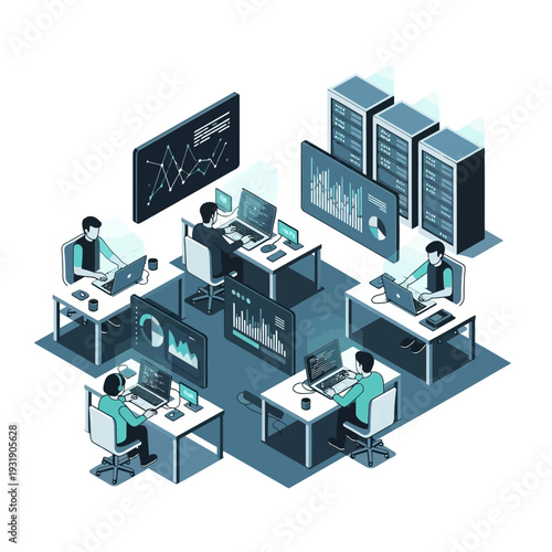 Team of professionals working in a modern data center with servers and monitors displaying charts and graphs.