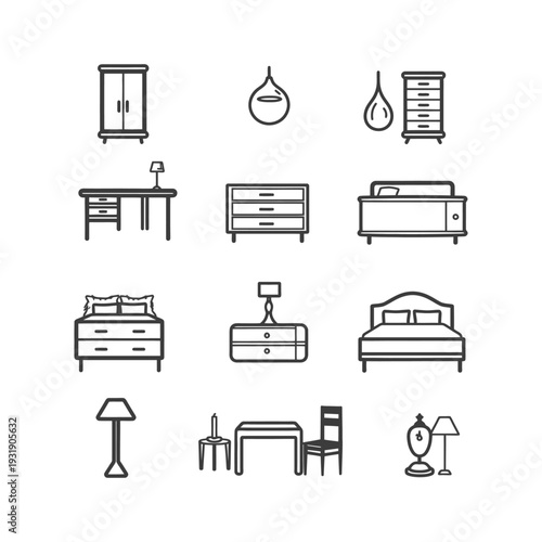 Set of Furniture and Lighting Outline Icons