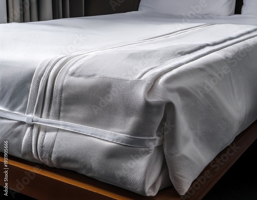 white fitted sheet with elastic band on a bed corner used as a ui backdrop