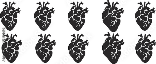 PBlack silhouette collection of human anatomical hearts with veins and arteries isolated on white background for medical healthcare biology education and cardiology science design