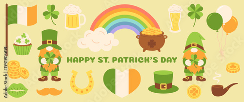 Happy StPatrick day set illustration with Irish symbols, leprechaun, rainbow, gold, beer, flag. Festive holiday greeting design for card, celebration, party, print. Flat vector. Hand drawn. Isolated.