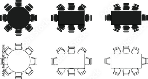Conference table top view set, round and rectangular meeting room layout with chairs vector illustration isolated