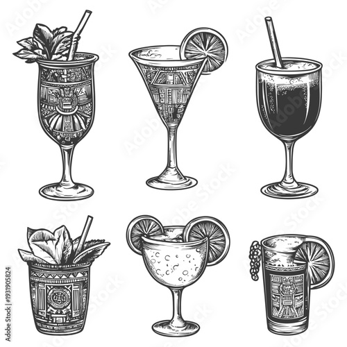 Set of Hand-Drawn Black and White Cocktail Illustrations