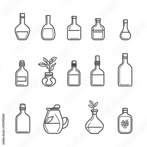 Set of Hand-Drawn Outline Bottles with Various Shapes and Styles