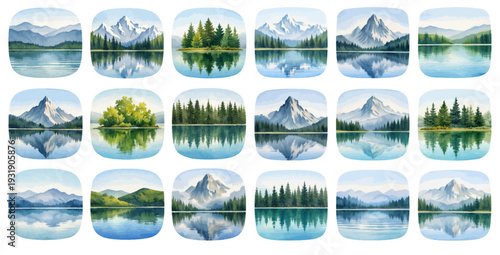 A charming watercolor collection of alpine scenery, including pine forests and mirrored lakes.