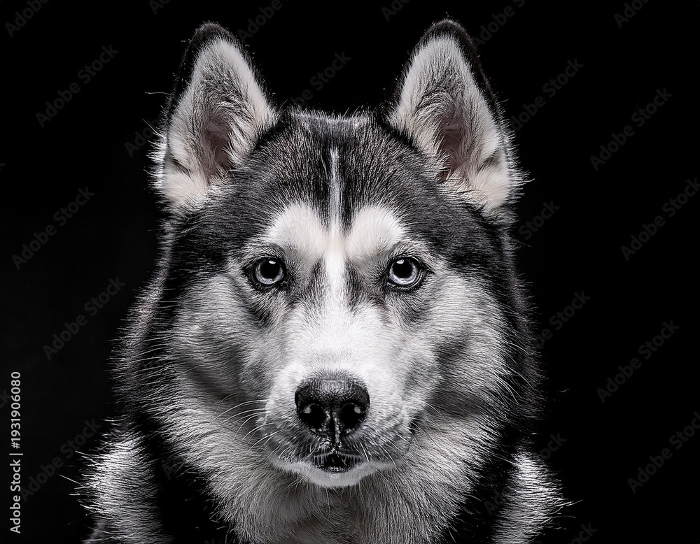Fototapeta premium mono tone image of a siberian husky with focused gaze suitable for breed identification or training materials