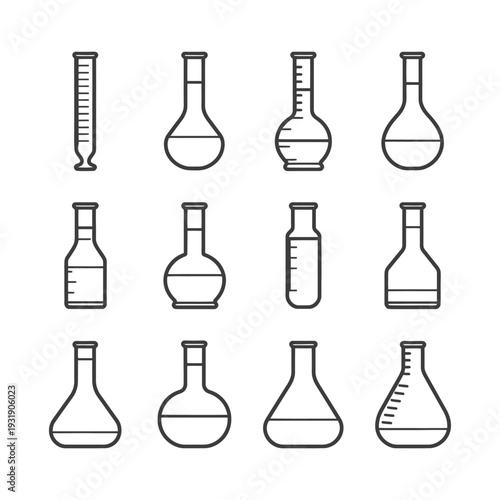 Set of Laboratory Flasks and Test Tubes in Outline Style