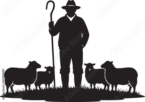 Silhouette of a shepherd isolated on transparent background with sheep