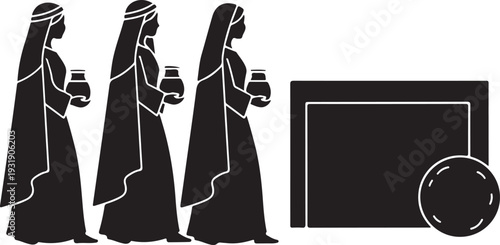 Silhouette of three figures isolated on transparent background with a square and circle