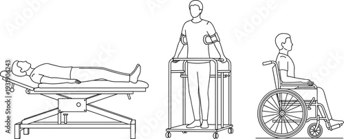 Rehabilitation therapy outline set, patient on medical bed walker and wheelchair vector illustration isolated background