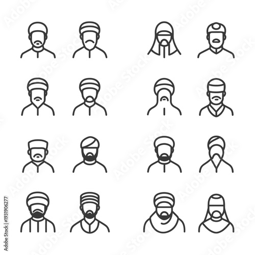 Set of Line Icons Depicting Muslim Men in Various Headwear