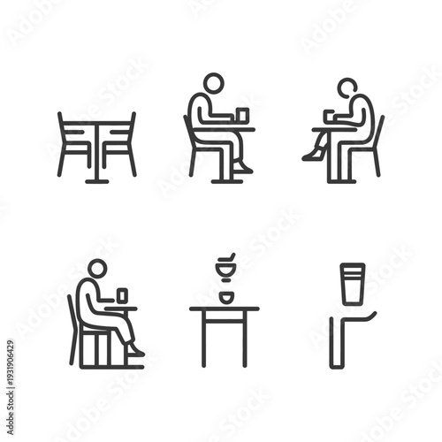 Set of Line Icons for People Eating at a Table