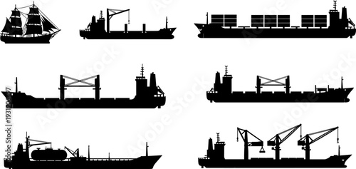 Black silhouette collection of maritime cargo ships including container carriers tankers bulk vessels and a vintage sailing ship isolated on white background for shipping logistics