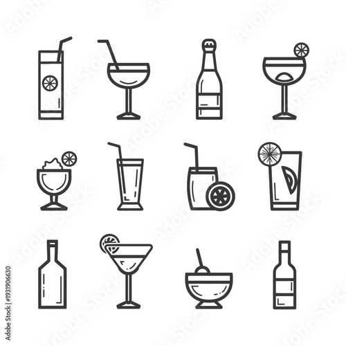 Set of Line Icons of Various Drinks and Bottles