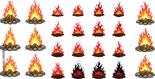 Cartoon Campfire Flame Vector Set with Burning Wood Logs, Fire Icons Collection for Outdoor Camping and Survival Design