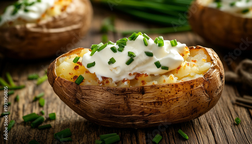 Baked Potato with Sour Cream and Chives in Bright Rustic Setting, Fresh Comfort Food Advertising