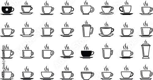 Coffee Cup and Tea Mug Line Icon Vector Set with Hot Drink Steam Symbols Collection