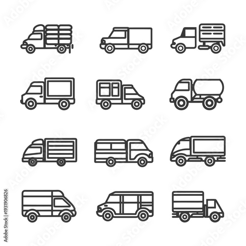 Set of Line Icons Representing Different Types of Delivery Trucks