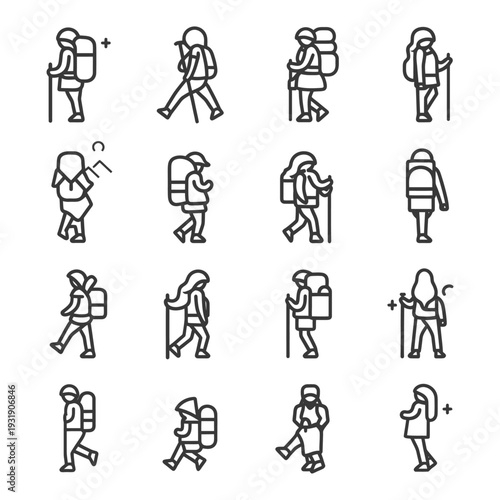 Set of Line Icons Representing Hikers with Backpacks and Trekking Poles