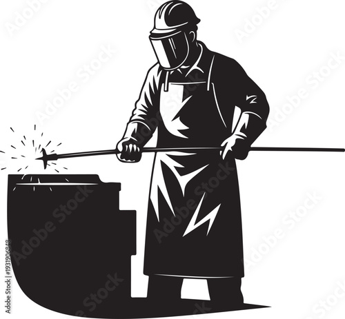 Silhouette of worker isolated on transparent background handling hot metal