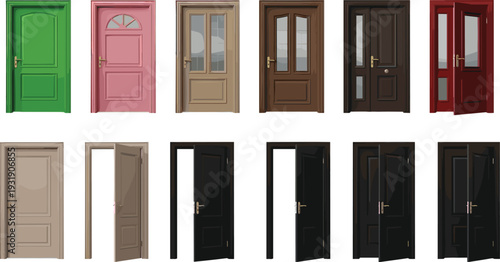 Collection of colorful modern and classic interior wooden doors isolated on white background with open and closed variations