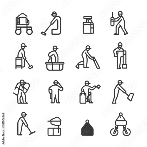 Set of Line Icons Representing People Performing Different Cleaning Tasks