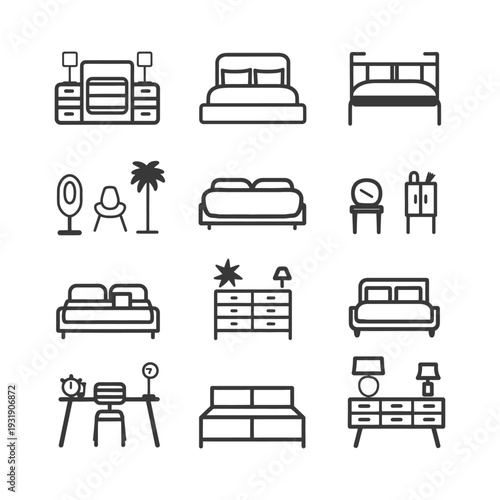 Set of Line Icons Representing Various Bedroom and Home Furnishings