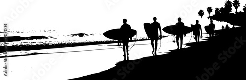 Silhouette surfers walking with surfboards, beach lifestyle vector illustration, surfing culture design, coastal holiday activity, summer ocean sports, active outdoor recreation artwork