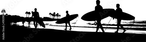Silhouette surfers walking with surfboards, beach lifestyle vector illustration, surfing culture design, coastal holiday activity, summer ocean sports, active outdoor recreation artwork