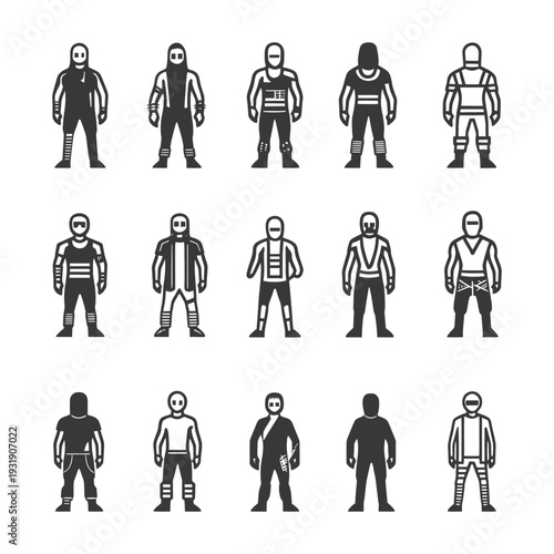 Set of Masked Individuals in Various Outfits and Poses