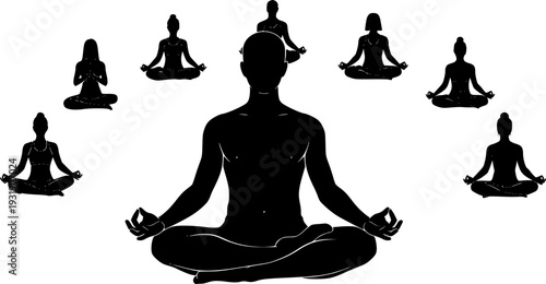 Black Silhouette of a Man in Yoga Pose Surrounded by Other Silhouettes meditation male
