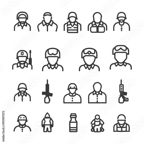 Set of Military and Army Soldier Icons in Outline Style