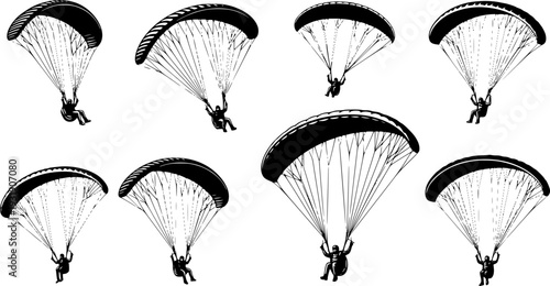 Silhouette vector illustration of skydiver with open parachute, extreme sport concept, adventure skydiving activity, sky parachuting design for travel, freedom, adrenaline 