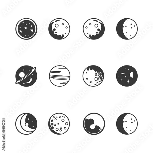 Set of Moon and Planet Icons with Stars
