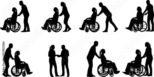 Silhouette Collection Of People Assisting Others In Wheelchairs On White Background Keywords: silhouette, people, wheelchair
