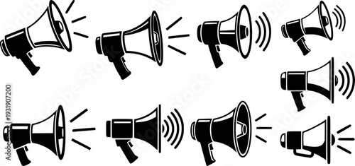 Megaphone loudspeaker icon set illustration, announcement symbol, communication tool, marketing promotion vector, sound amplifier design, public speech and advertising notification element 