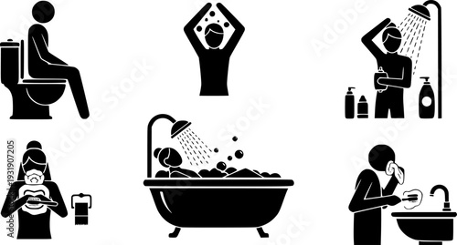 Bathroom activity vector illustration showing person sitting on toilet, taking shower, relaxing in bathtub, hygiene routine, daily lifestyle, personal care, modern icons 