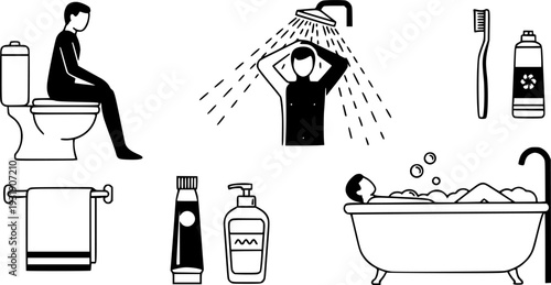 Bathroom activity vector illustration showing person sitting on toilet, taking shower, relaxing in bathtub, hygiene routine, daily lifestyle, personal care, modern icons 