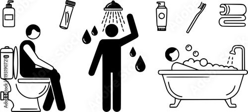 Bathroom activity vector illustration showing person sitting on toilet, taking shower, relaxing in bathtub, hygiene routine, daily lifestyle, personal care, modern icons 
