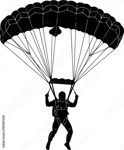 Silhouette vector illustration of skydiver with open parachute, extreme sport concept, adventure skydiving activity, sky parachuting design for travel, freedom, adrenaline 