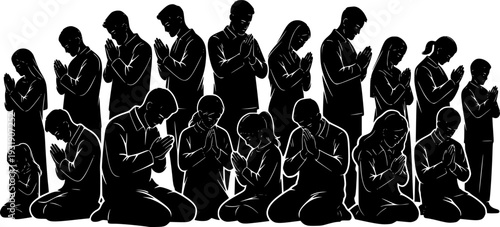 Silhouette collection of praying people, men women and children in worship, folded hands, Christian prayer poses, religious faith meditation vector illustration 