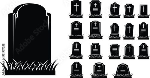 Tombstone and Gravestone Silhouette Vector Set with Cross Symbols and Cemetery Memorial Icons Collection